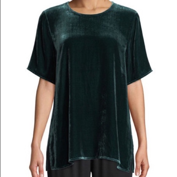 Eileen Fisher NWT Dark Green Velvet Short Sleeved Shirt 20858 - Picture 1 of 10